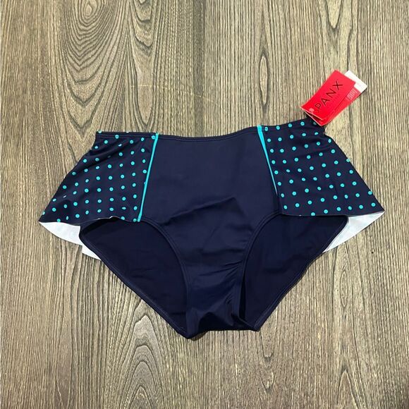 NWT Spanx Womens Flirty Skirted Swim Bottom Mid Rise Navy Splash Polka Size 8 - Picture 1 of 5